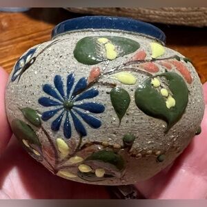 VTG Tonalá Mexican Sandstone Ceramic Mini Pot Hand-painted Floral & Butterfly
